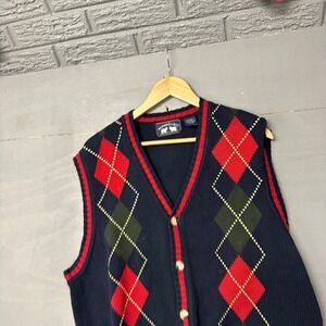 Woods Gray Mens XL TG Argyle V Neck Button Front Sleeveless Sweater Vest Navy